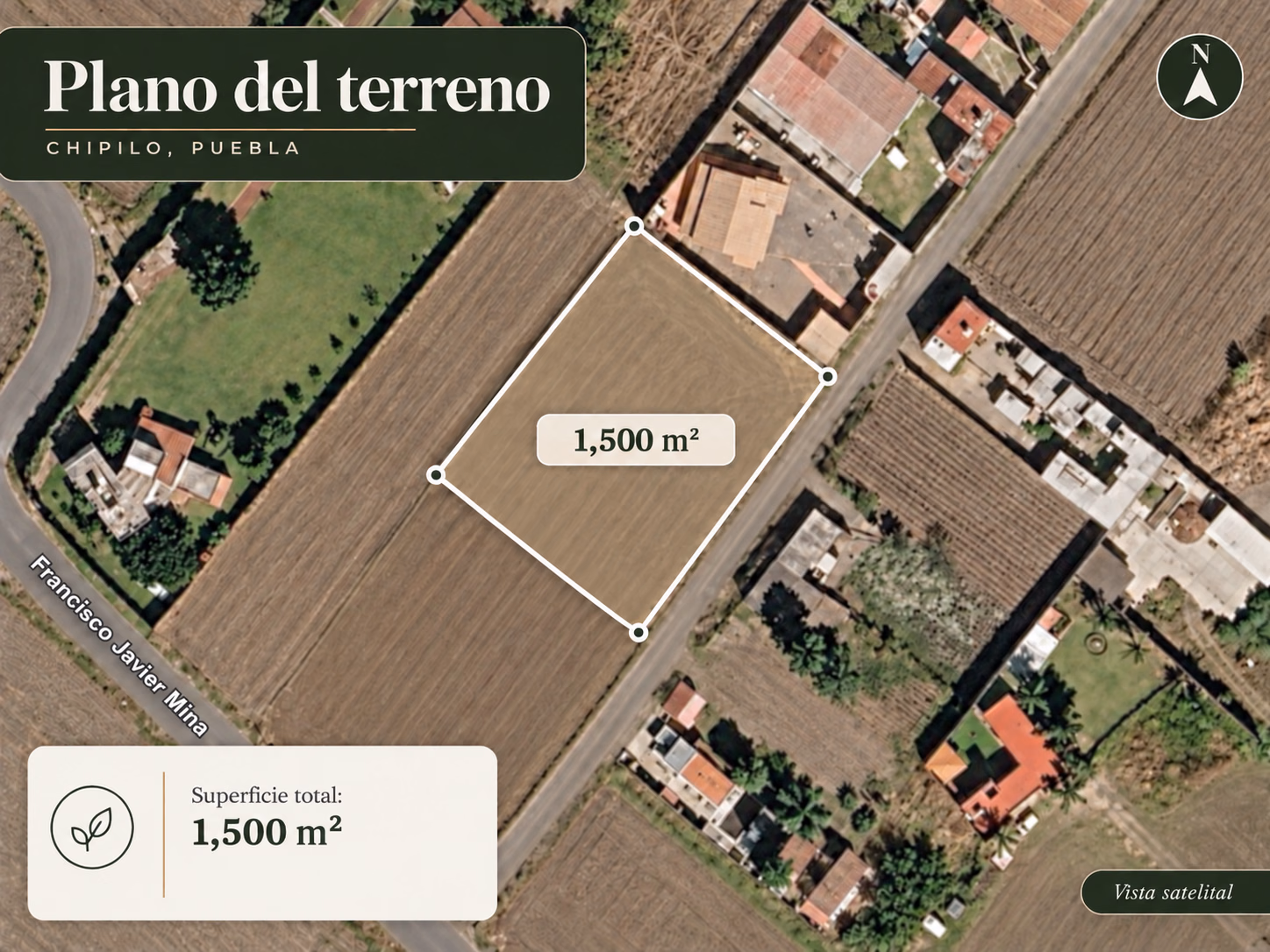 Plano ilustrativo del terreno completo de 1,500 m² en Chipilo, Puebla